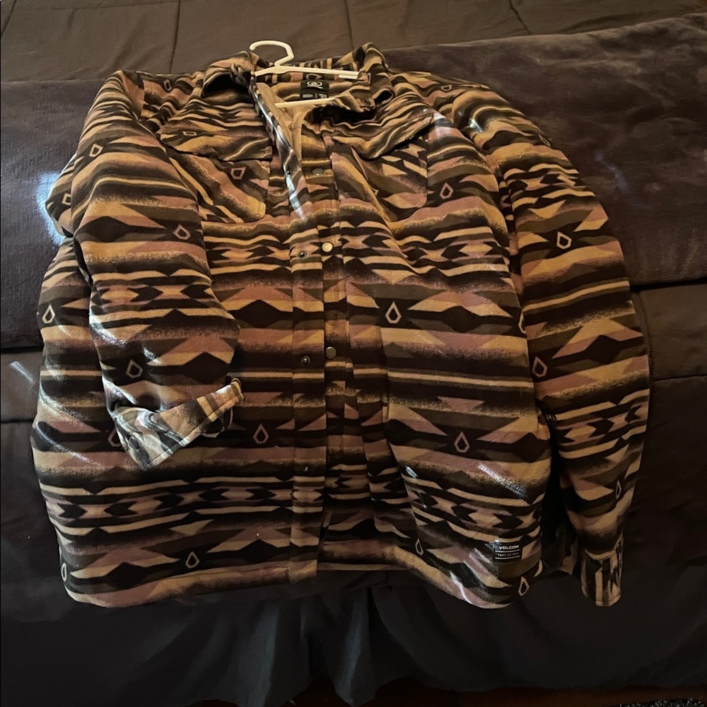 Volcom Quilted Plaid Fleece Jacket in Brown, Tan & Cream